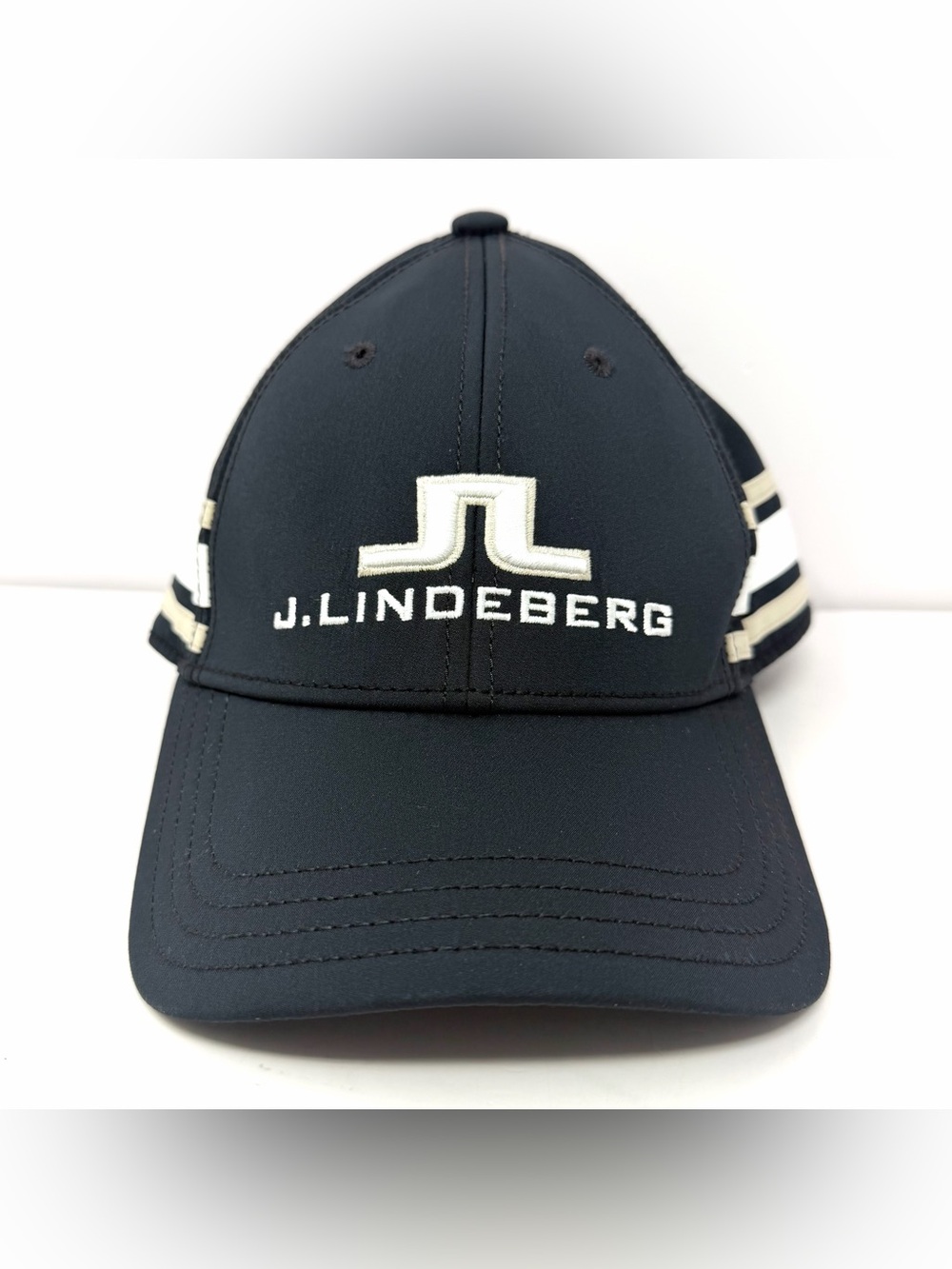 J. Lindeberg Men’s Striped Embroidered Logo Golf Hat Strapback Cap Black White